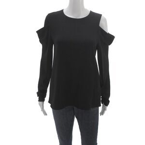 Tibi Womens Black Basic Round Neck Button Long Sleeve Blouse Triacetate Size 2